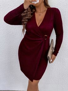 Celure Plus O-ring Detail Wrap Dress - Maroon - View 6