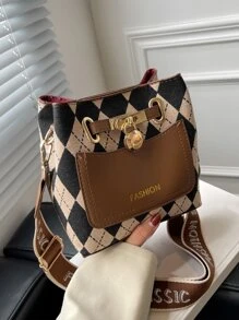 幾何格紋和字母圖案水桶包 - 彩色 - 查看 2