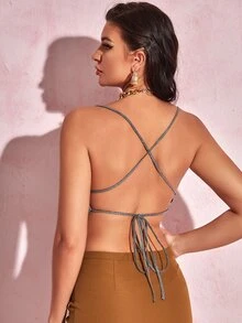 SHEIN BAE 後背繫帶手帕下擺金屬質感吊帶上衣 - 銀色 - 查看 2