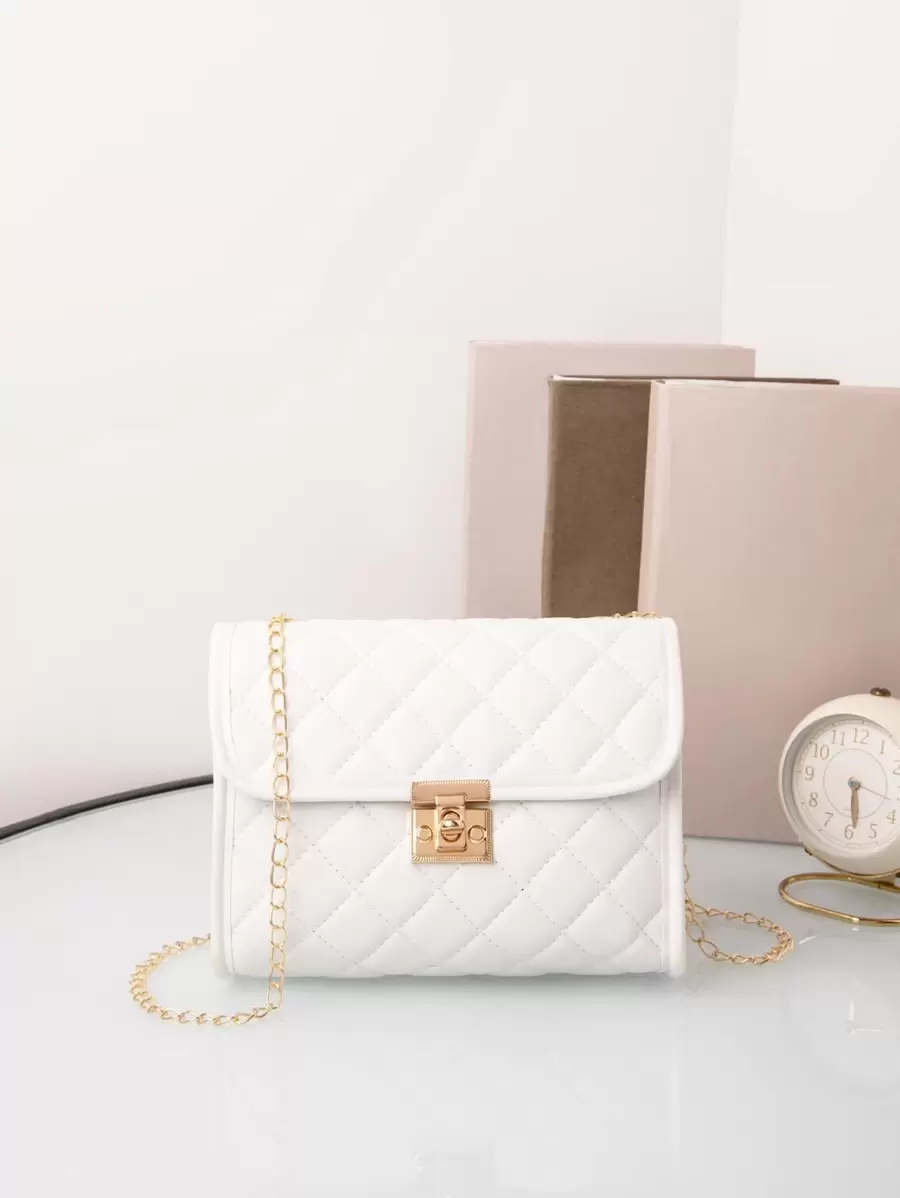 絎縫扭鎖翻蓋方形包、鏈帶斜挎包、女士單肩手機包 - 白色 - 查看 1