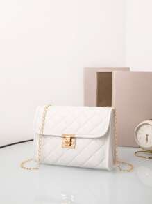 絎縫扭鎖翻蓋方形包、鏈帶斜挎包、女士單肩手機包 - 白色 - 查看 2