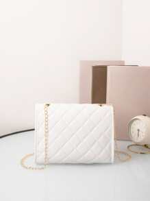 絎縫扭鎖翻蓋方形包、鏈帶斜挎包、女士單肩手機包 - 白色 - 查看 4