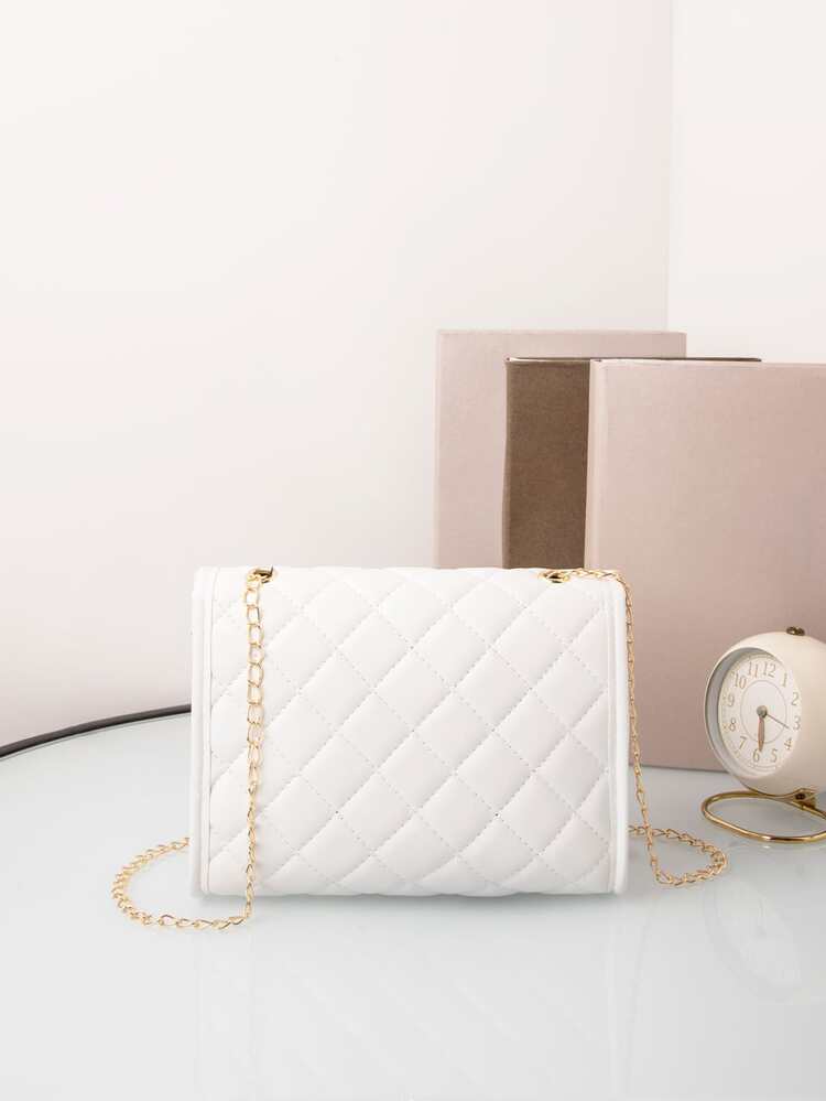 Quilted Twist Lock Flap Square Bag, Chain Strap Crossbody Bag, Women's Shoulder Purse For Phone - White - View 4