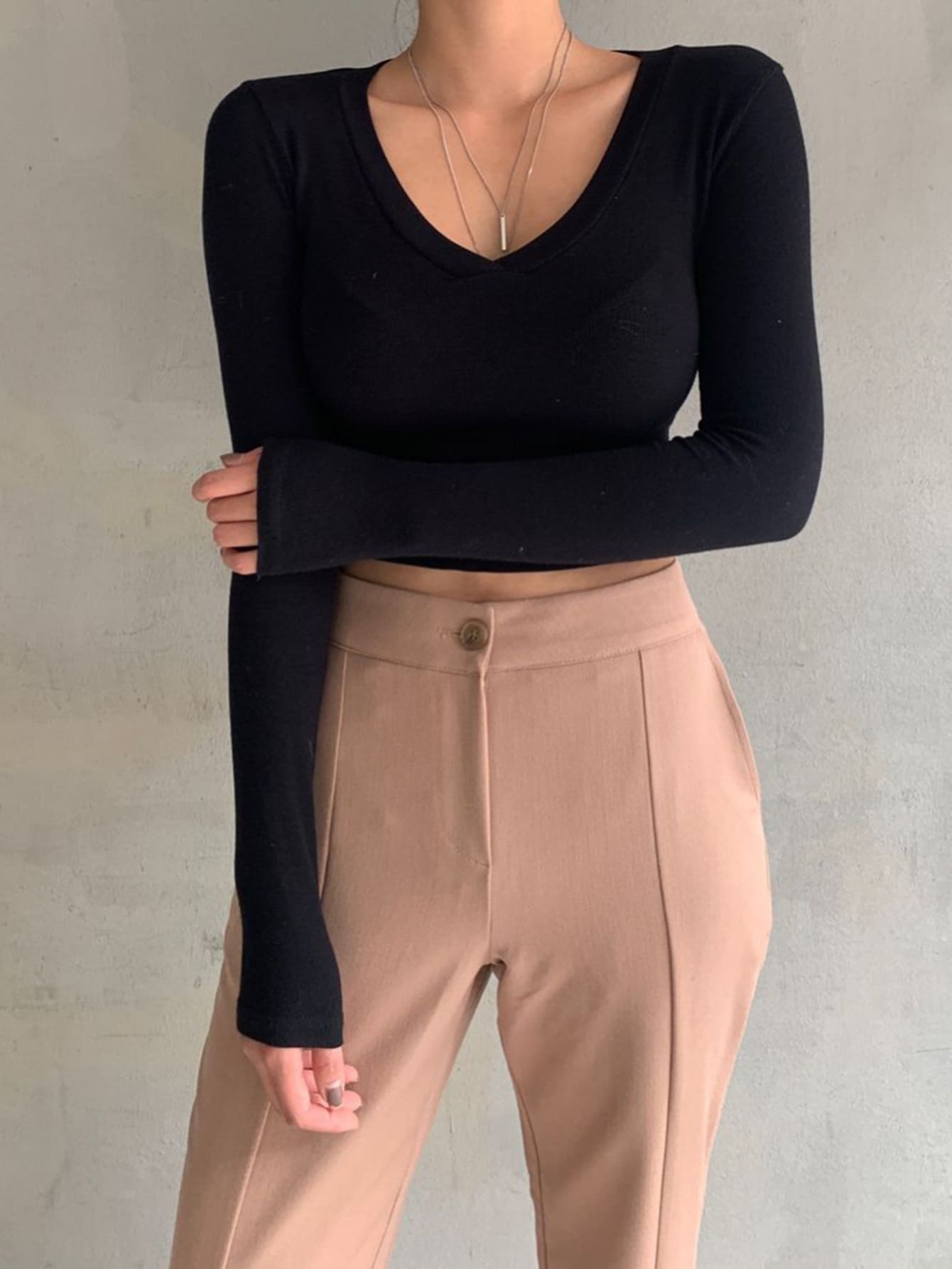 Solid V Neck Crop Tee Long Sleeve Top