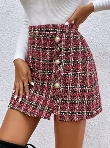 SHEIN Privé Button Detail Plaid Straight Skirt - Red - View 4