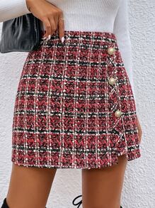 SHEIN Privé Button Detail Plaid Straight Skirt - Red - View 6
