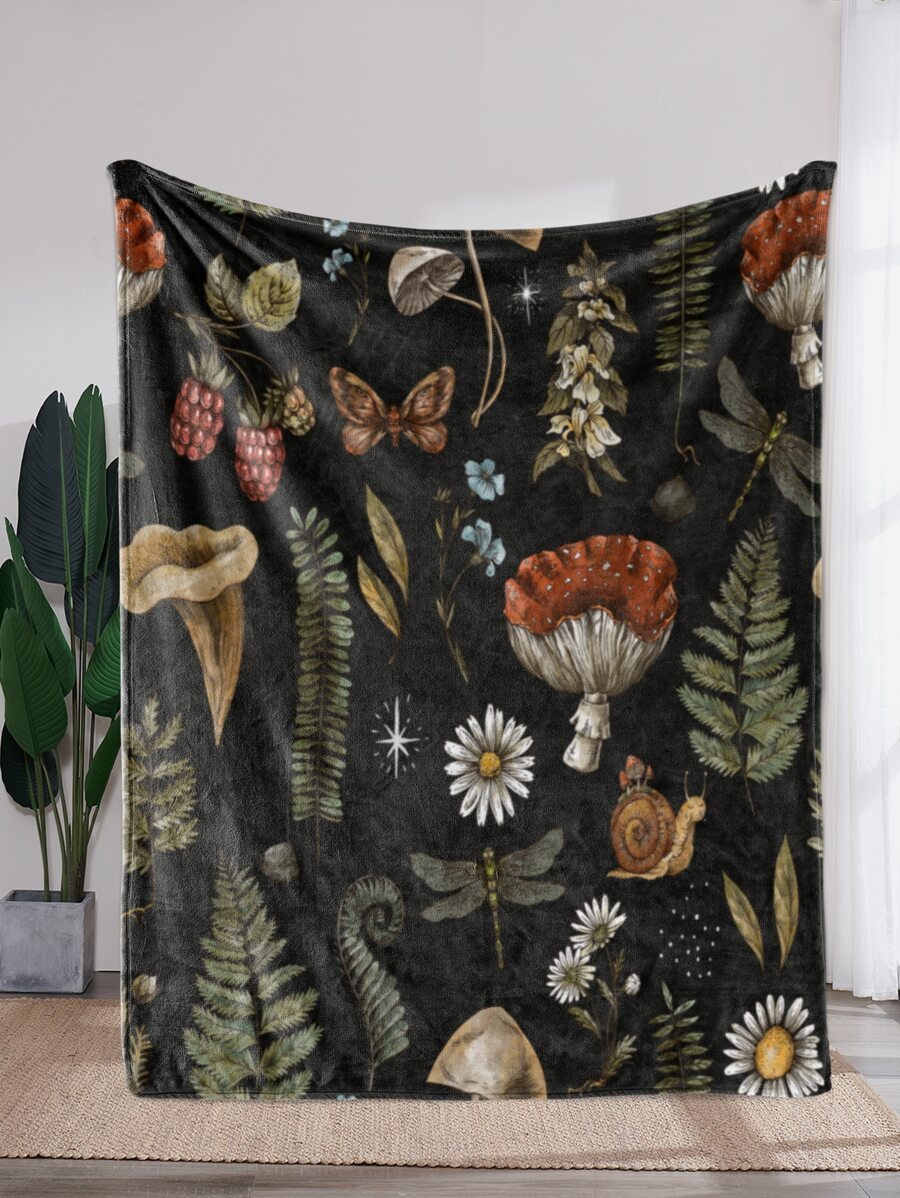 1pc Mushroom Printed Flannel Fleece Blanket - Lightweight And Suitable For Sofa, Bed, Travel, Camping, Living Room, Office, Sofa, Chair And Bed - Printed Woolen Blanket With Soft And Warm Fleece Fabric