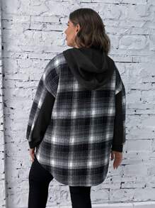 SHEIN LUNE Sudadera con capucha de manga raglán a cuadros talla grande para otoño - Negro - Ver 2