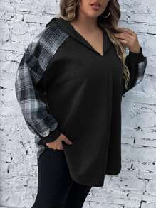 SHEIN LUNE Sudadera con capucha de manga raglán a cuadros talla grande para otoño - Negro - Ver 5