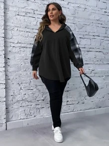 SHEIN LUNE Sudadera con capucha de manga raglán a cuadros talla grande para otoño - Negro - Ver 6
