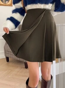 DAZY Zipper Back Pleated Panel Skirt - Coffee Brown - View 4