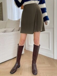 DAZY Zipper Back Pleated Panel Skirt - Coffee Brown - View 5