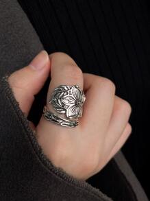 花朵裝飾紋理質感圍裹戒指 - 復古銀色 - 查看 2