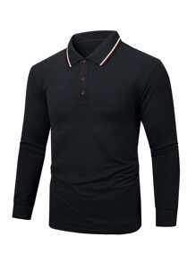 男士條紋飾邊POLO衫 - 黑色 - 查看 1