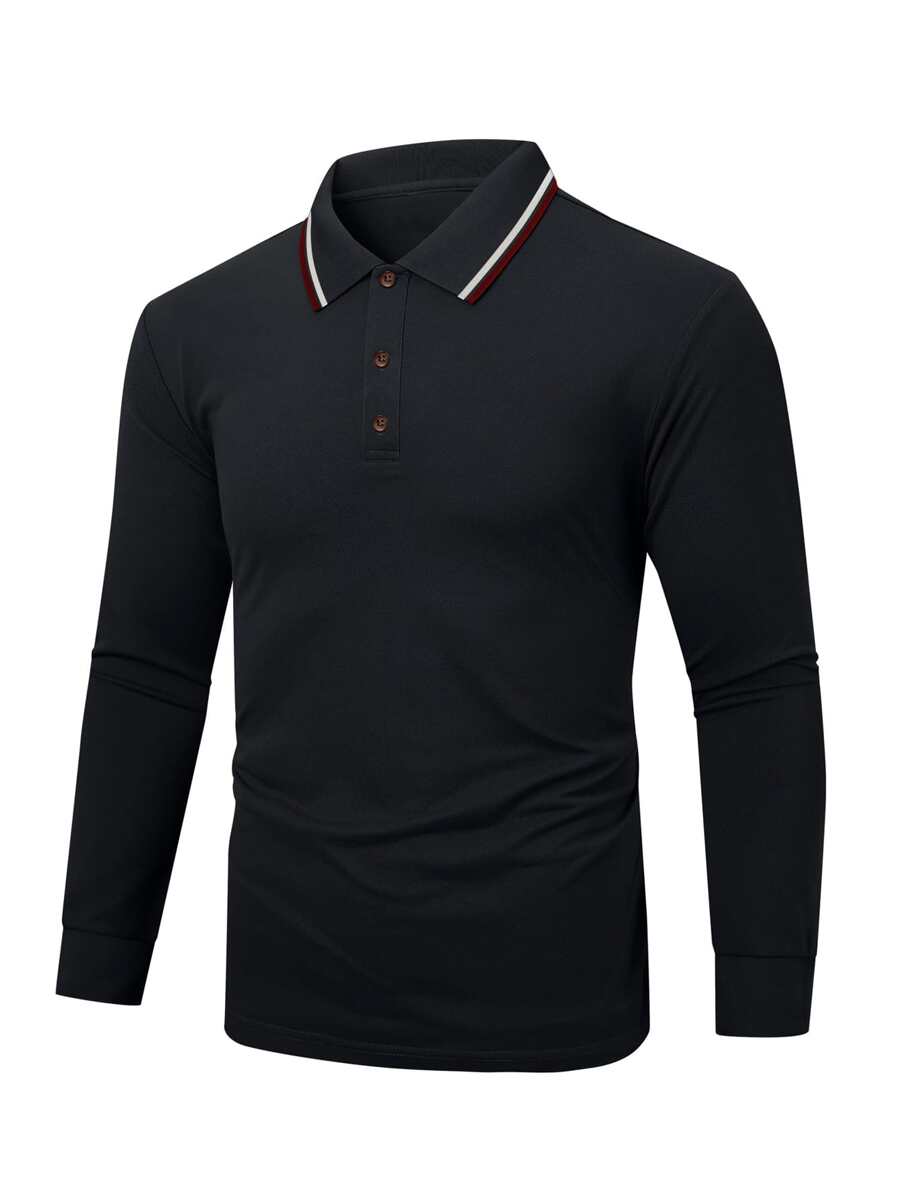 男士條紋飾邊POLO衫 - 黑色 - 查看 1