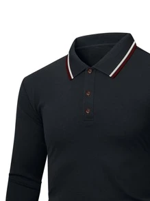 男士條紋飾邊POLO衫 - 黑色 - 查看 4