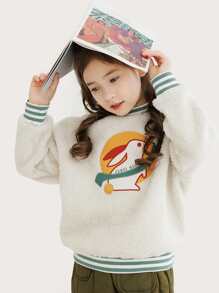 Chicas Pullover teddy con letra & con estampado de conejo de hombros caídos con forro térmico - Blanco - Ver 1