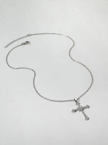 水鑽十字架吊飾項鍊 - 銀色 - 查看 2