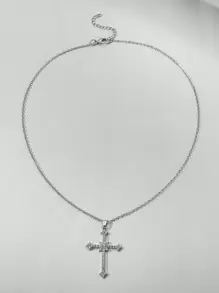 水鑽十字架吊飾項鍊 - 銀色 - 查看 7