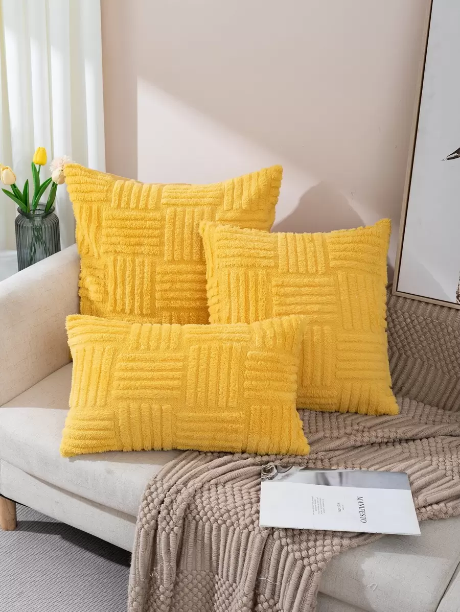 1pc Solid Color Texture Throw Pillow Case, Embossed Patterned Sofa Cushion Cover Without Filler For Home - Yellow - View 1
