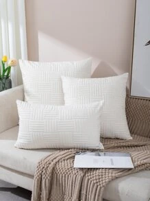 1pc Geometric Embossed Cushion Cover, White Throw Pillowcase For Home Decor, Pillow Insert Not Include - Beige - View 1