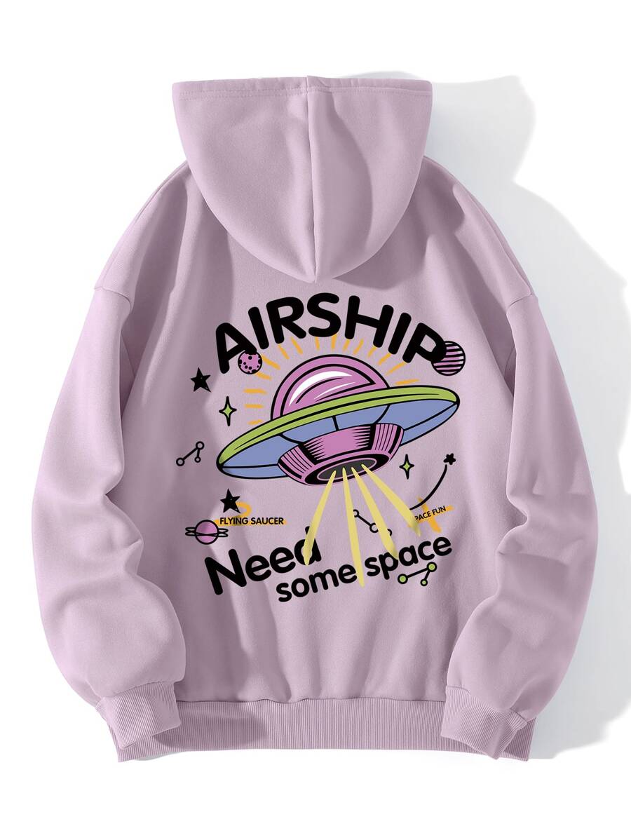 INAWLY UFO & Letter Graphic Drawstring Thermal Lined Hoodie - Lilac Purple - View 1