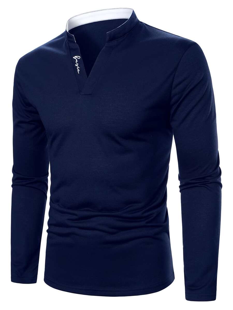 Manfinity Homme Men Letter Graphic Notched Neck Polo Shirt - Navy Blue - View 1