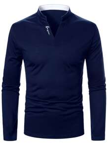 Manfinity Homme Men Letter Graphic Notched Neck Polo Shirt - Navy Blue - View 3