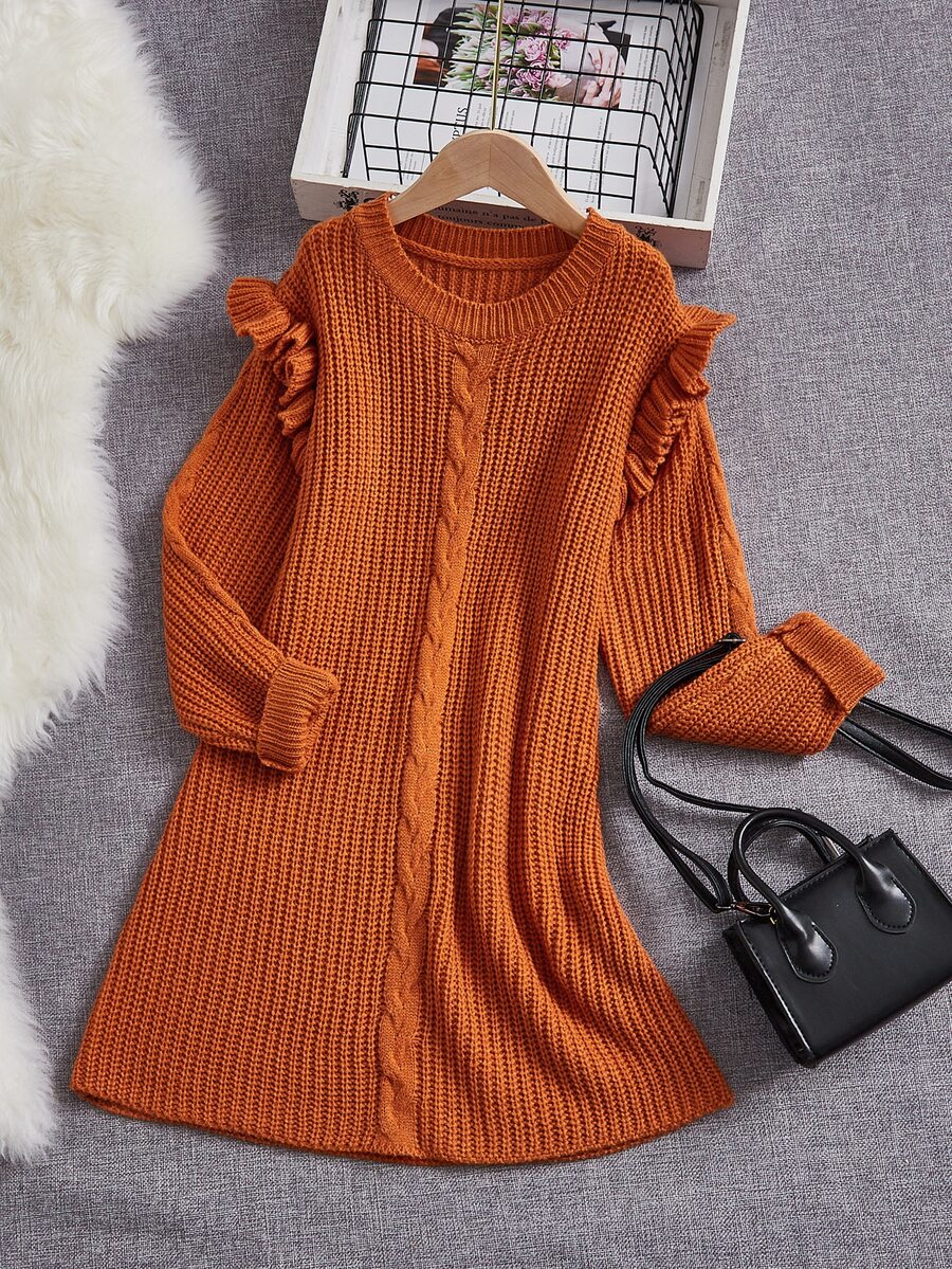 Niñas Vestido de punto tejido de cable ribete con fruncido - Óxido marrón - Ver 1