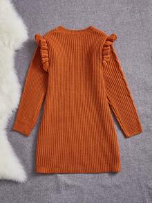 Niñas Vestido de punto tejido de cable ribete con fruncido - Óxido marrón - Ver 2