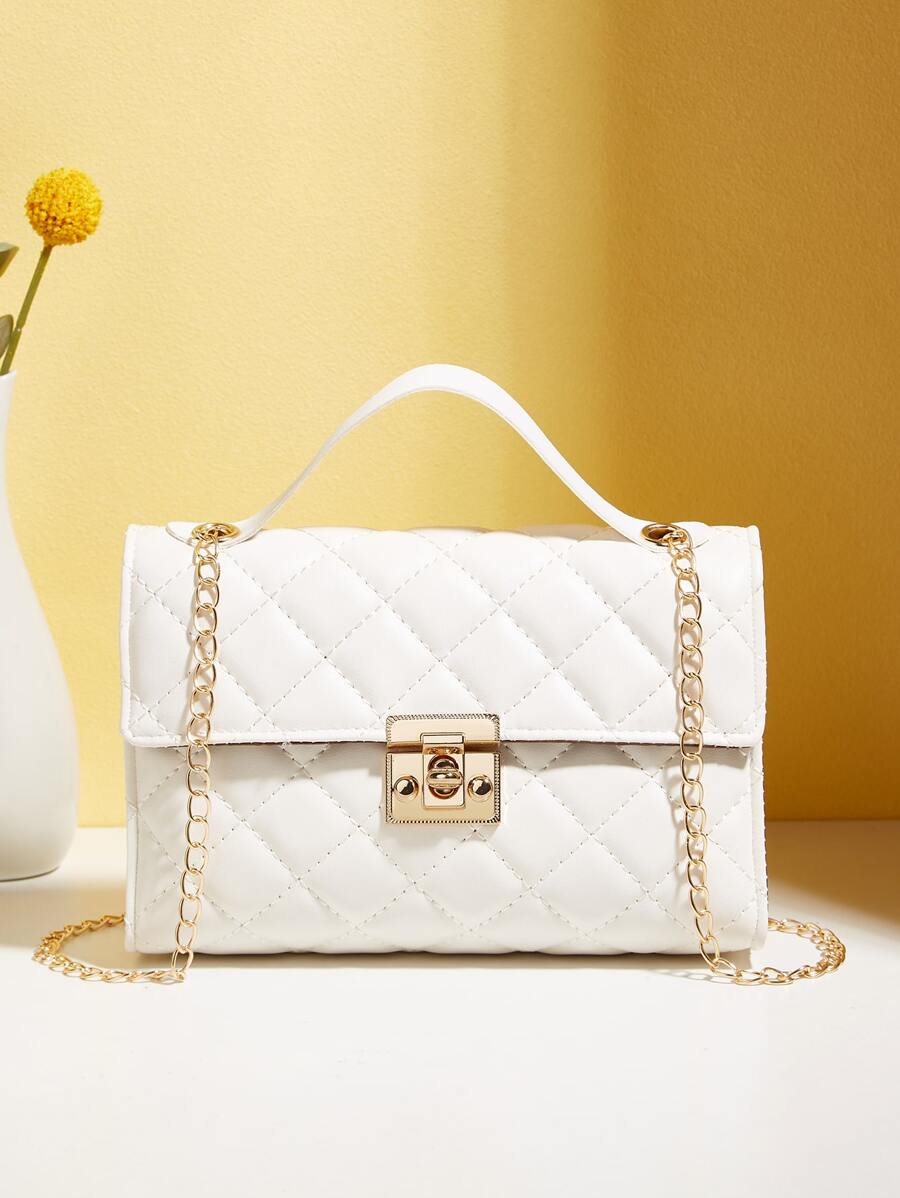 衍縫扭鎖翻蓋方包 - 白色 - 查看 1