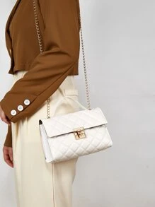 衍縫扭鎖翻蓋方包 - 白色 - 查看 2