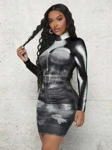 SHEIN SXY Graphic Print Mock Neck Ripped Bodycon Dress - Multicolor - View 5