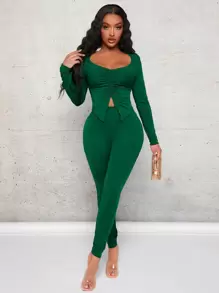 SHEIN SXY Bộ đồ hai mảnh nữ Xù nhỏ Xù Chia màu trơn Giải trí - màu xanh lá - Xem 1