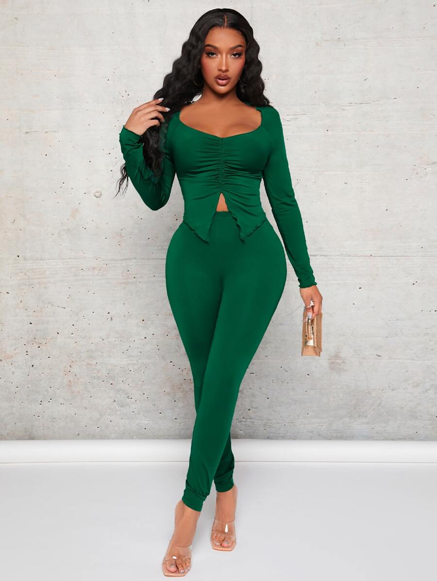 SHEIN SXY Bộ đồ hai mảnh nữ Xù nhỏ Xù Chia màu trơn Giải trí - màu xanh lá - Xem 1