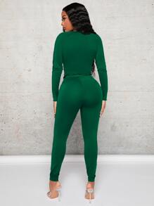 SHEIN SXY Bộ đồ hai mảnh nữ Xù nhỏ Xù Chia màu trơn Giải trí - màu xanh lá - Xem 2