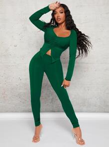 SHEIN SXY Bộ đồ hai mảnh nữ Xù nhỏ Xù Chia màu trơn Giải trí - màu xanh lá - Xem 5