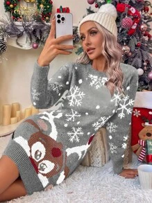 SHEIN LUNE Ugly Christmas Pattern Jumper Dress - Grey - View 1