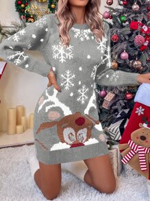 SHEIN LUNE Ugly Christmas Pattern Jumper Dress - Grey - View 5