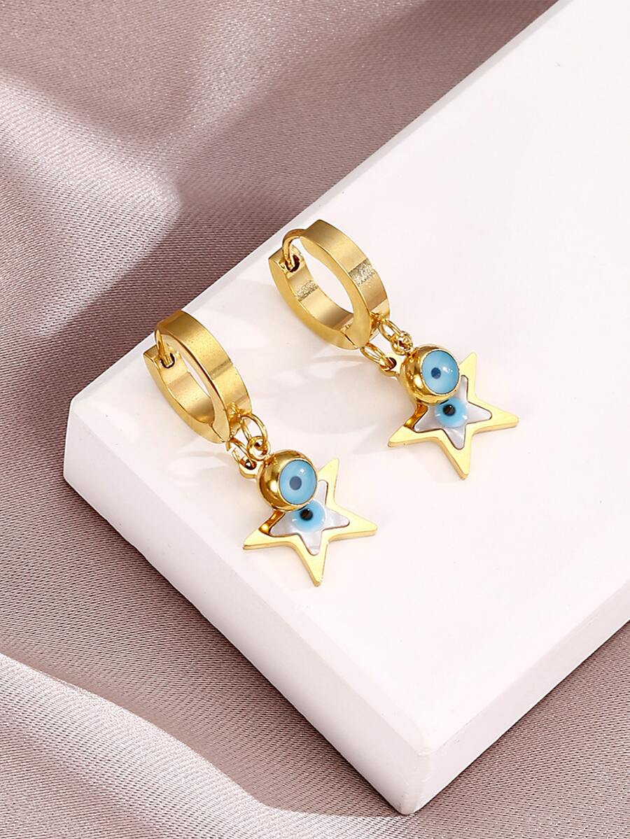 Eye & Star Drop Earrings - Yellow Gold - View 1