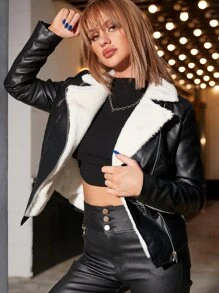 Thermal Lined Zip Up PU Leather Moto Jacket - Black - View 1
