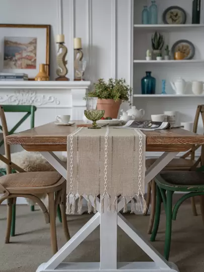 1pc Jacquard Tassel Decor Table Runner, Table Decoration Cloth For Dining Room