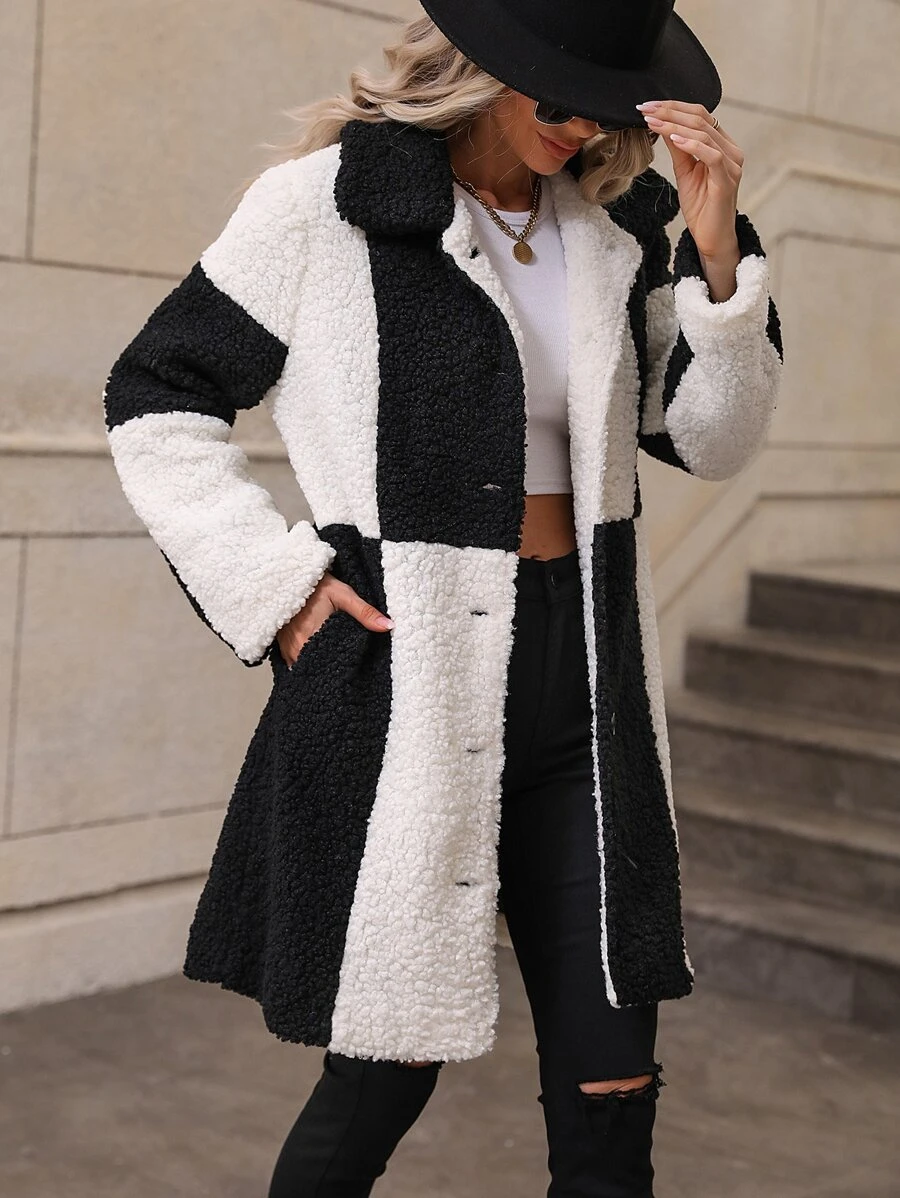 SHEIN Essnce Abrigo teddy de dos tonos de hombros caídos