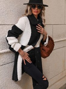 SHEIN Essnce Abrigo teddy de dos tonos de hombros caídos