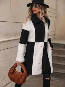 SHEIN Essnce Abrigo teddy de dos tonos de hombros caídos