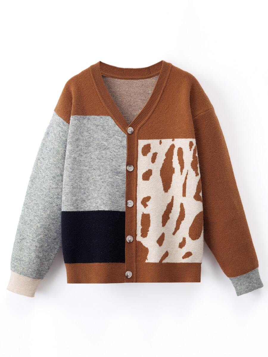 Boys Colour Block V Neck Cardigan - Multicolor - View 1