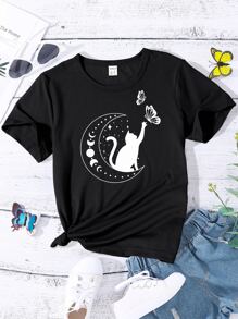 青春期女孩貓和月亮印花T恤 - 黑色 - 查看 1