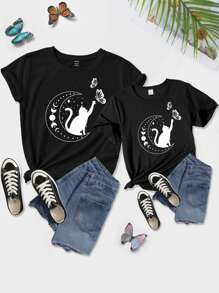 青春期女孩貓和月亮印花T恤 - 黑色 - 查看 3