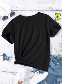 青春期女孩貓和月亮印花T恤 - 黑色 - 查看 2