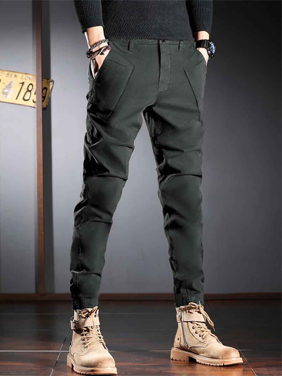 Manfinity Homme Men Slant Pocket Tapered Trousers - Dark Grey - View 1